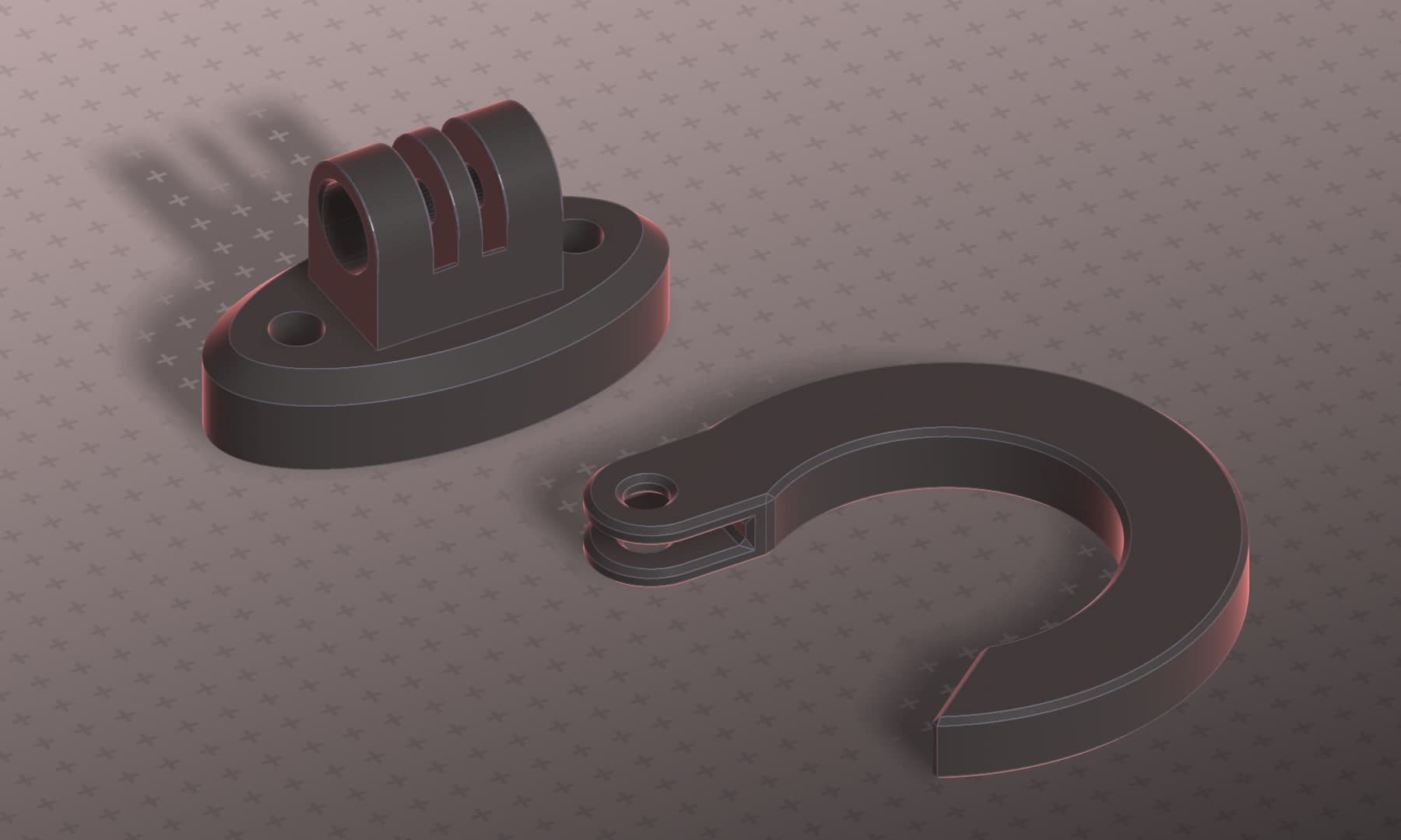 Render of an action cam bracket and a hook